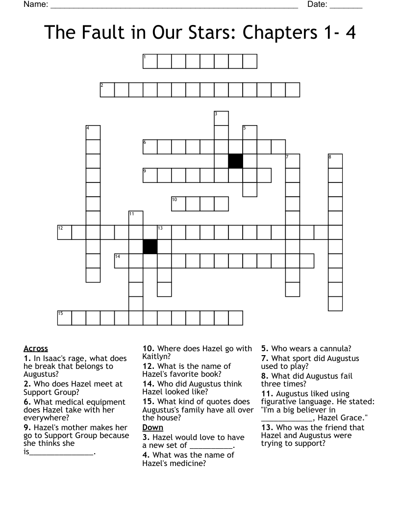 The Fault in Our Stars:  Chapters 1- 4 Crossword