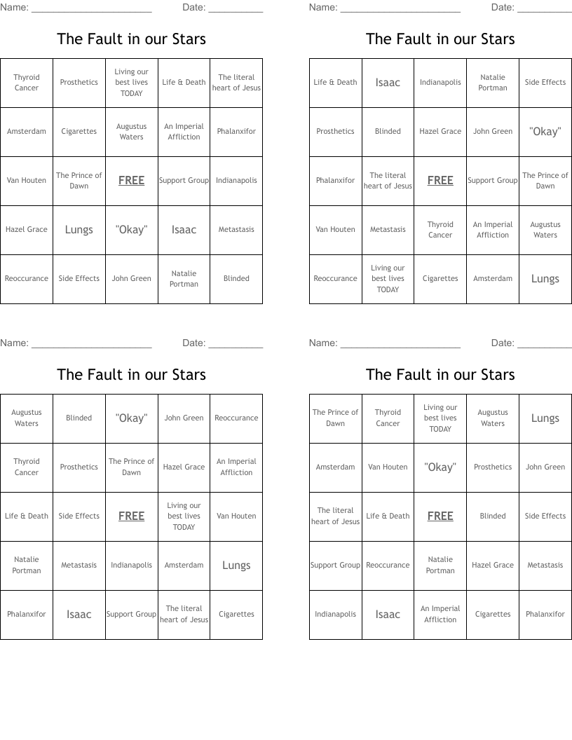 The Fault in our Stars  Bingo Cards