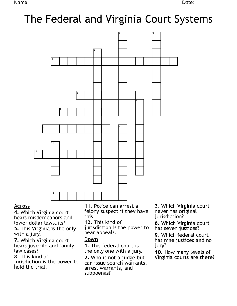 The Federal and Virginia Court Systems Crossword