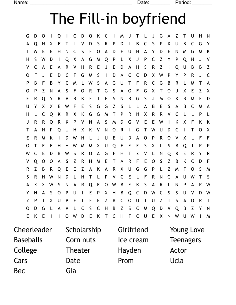 The Fill-in boyfriend Word Search