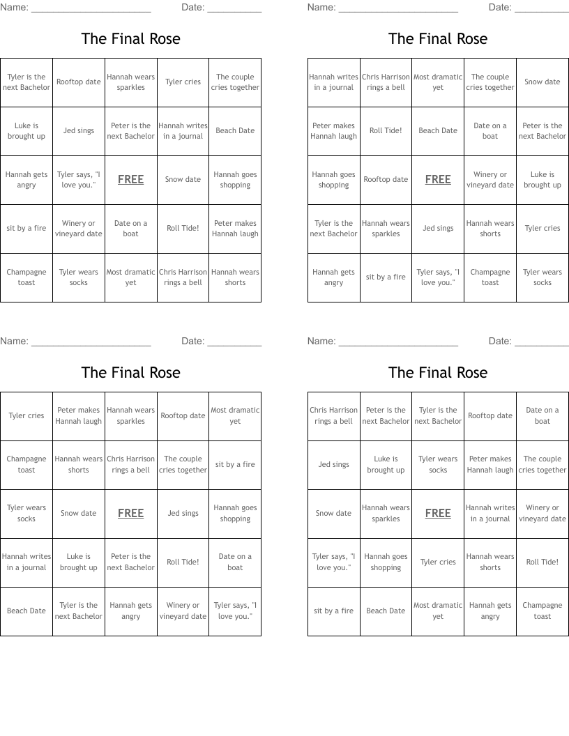 The Final Rose Bingo Cards