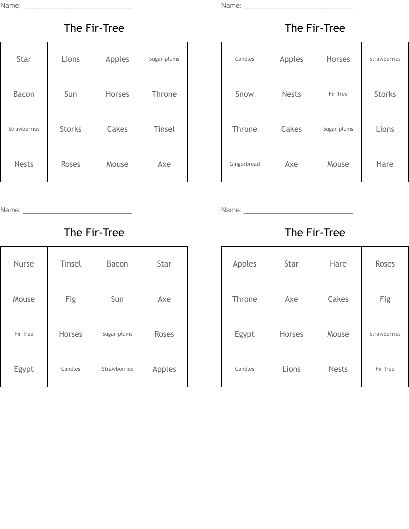 The Fir-Tree Bingo Cards