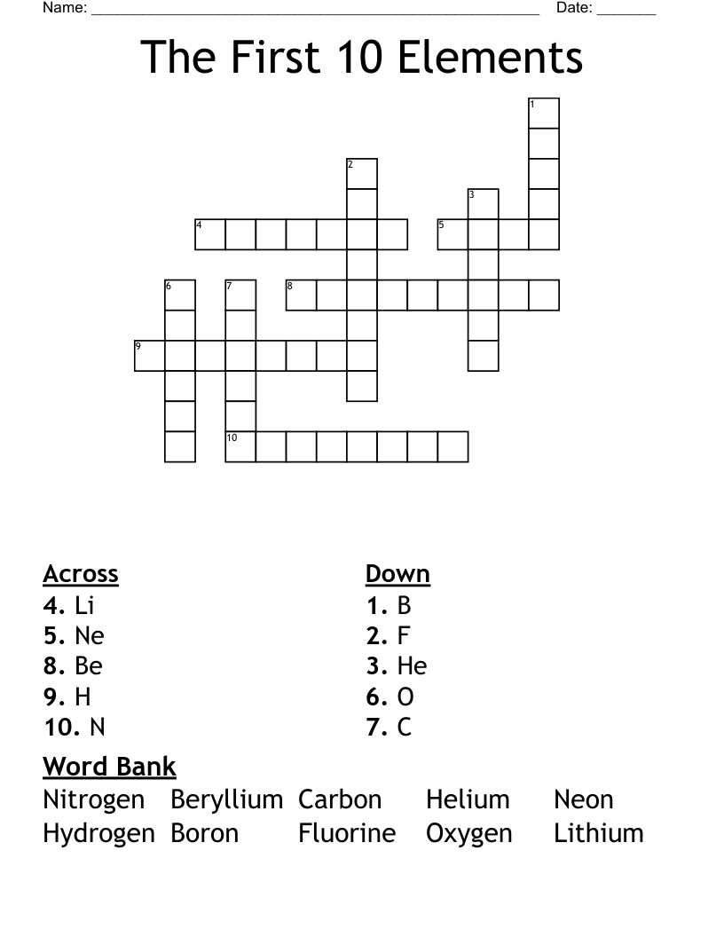 The First 10 Elements Crossword