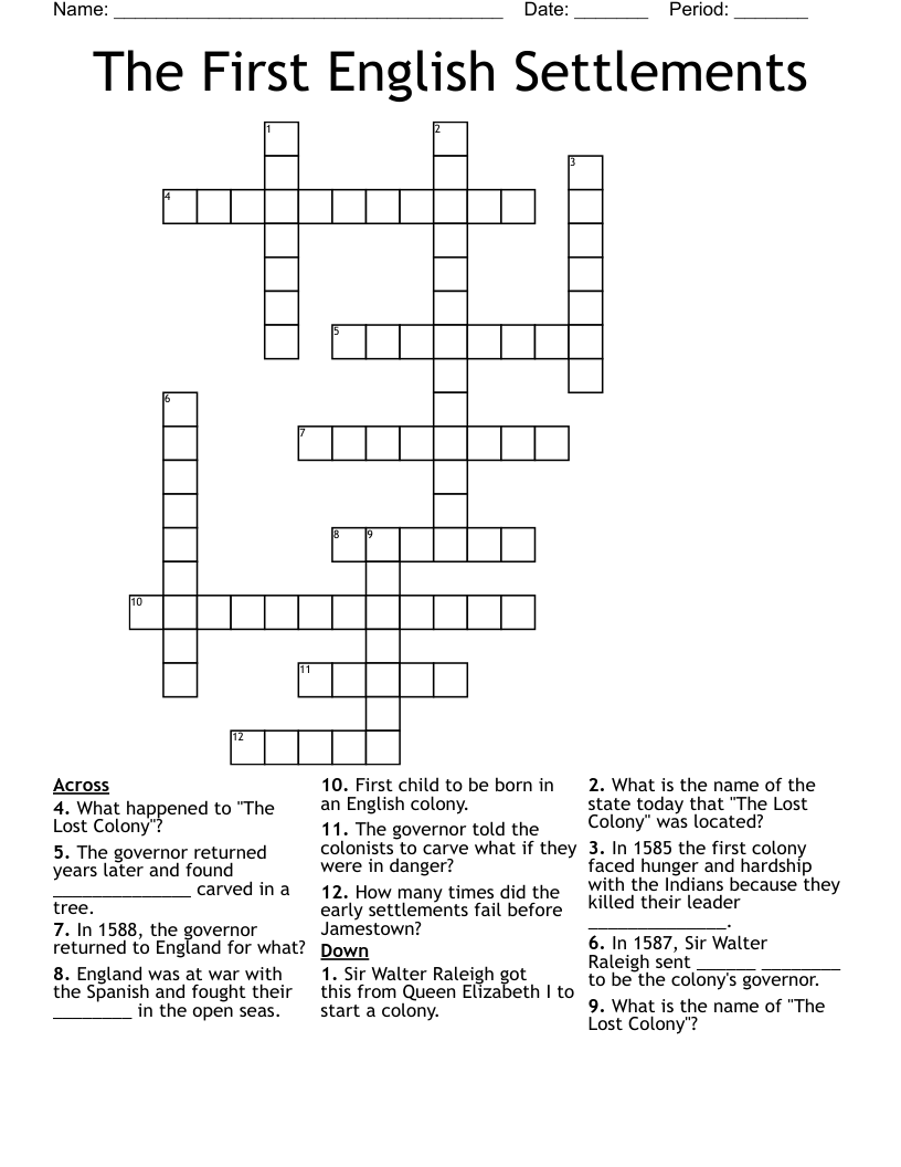 The First English Settlements Crossword