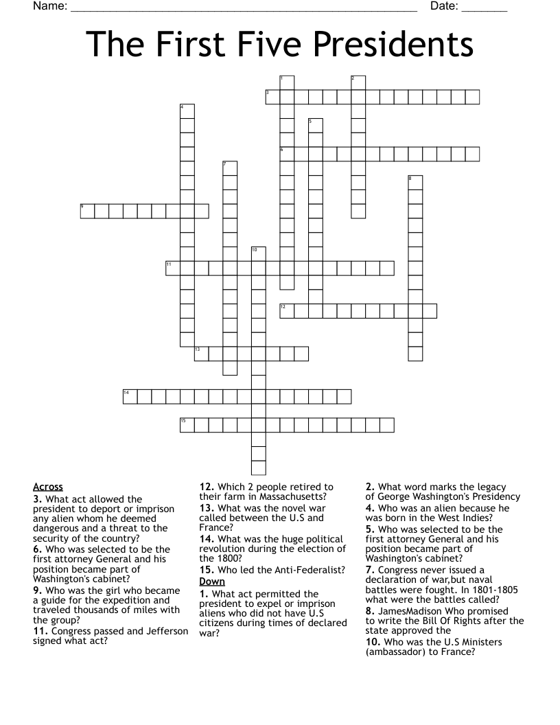 The First Five Presidents Crossword