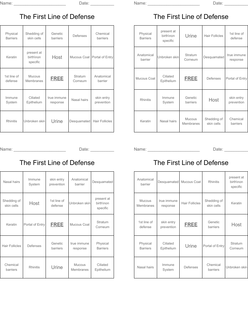 The First Line of Defense  Bingo Cards