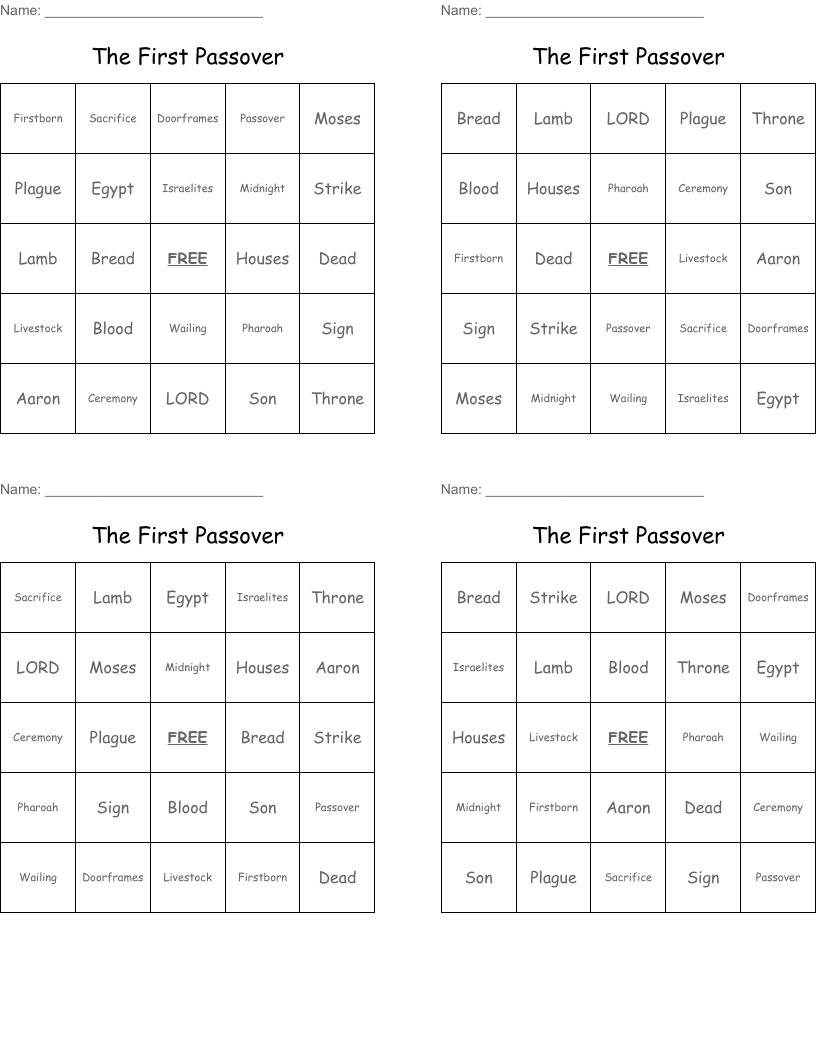 The First Passover Bingo Cards
