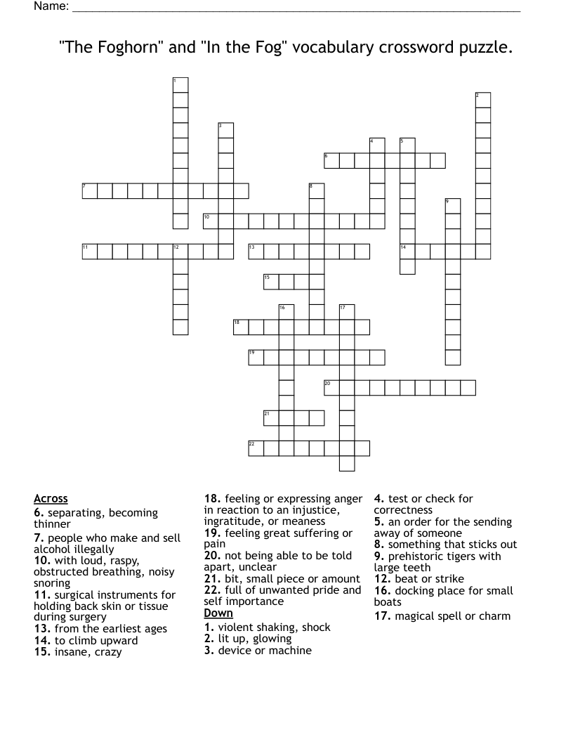 "The Foghorn" and "In the Fog" vocabulary crossword puzzle.