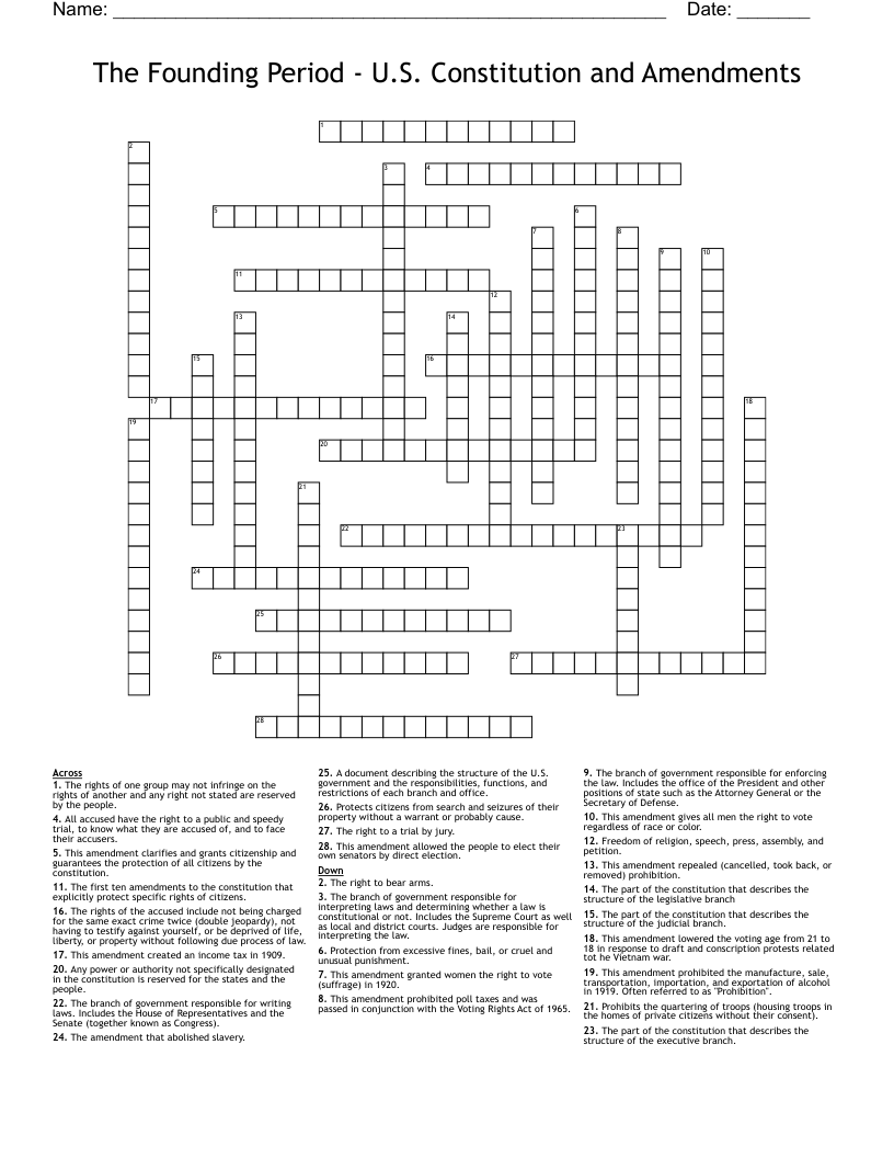 The Founding Period - U.S. Constitution and Amendments Crossword