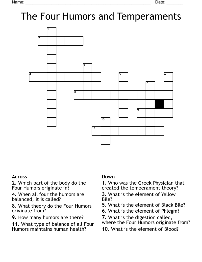 The Four Humors and Temperaments Crossword