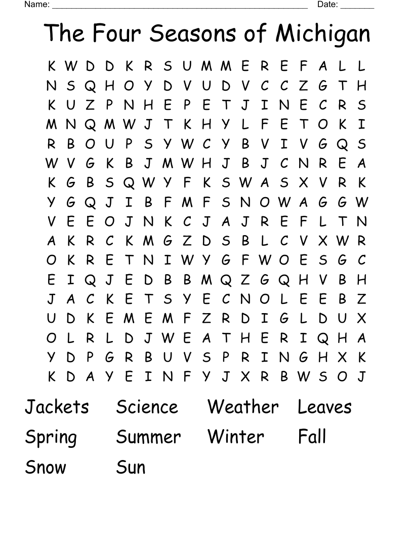 The Four Seasons of Michigan Word Search