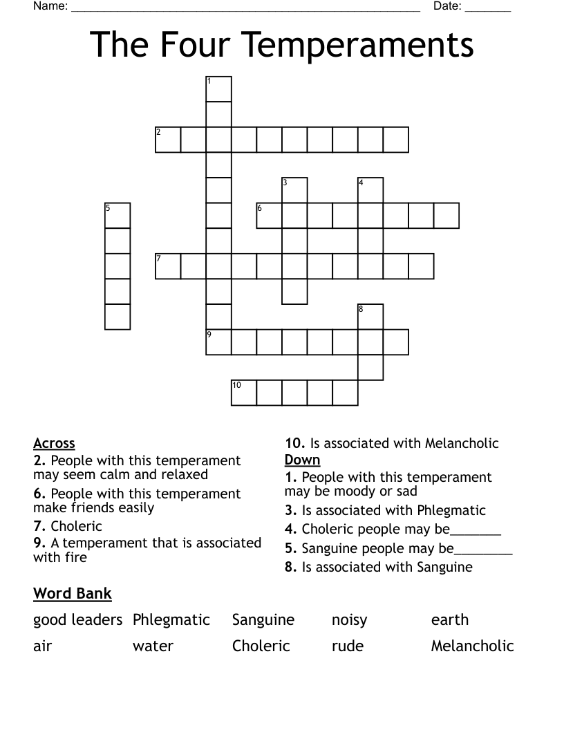 The Four Temperaments Crossword