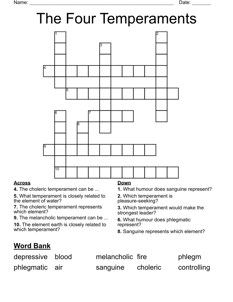The Four Temperaments Crossword
