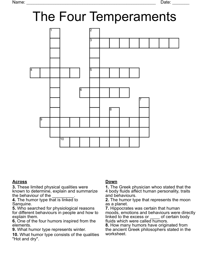 The Four Temperaments Crossword