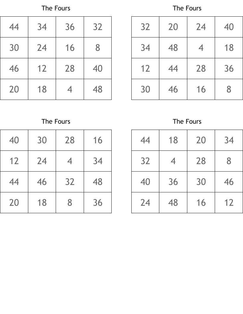 The Fours Bingo Cards
