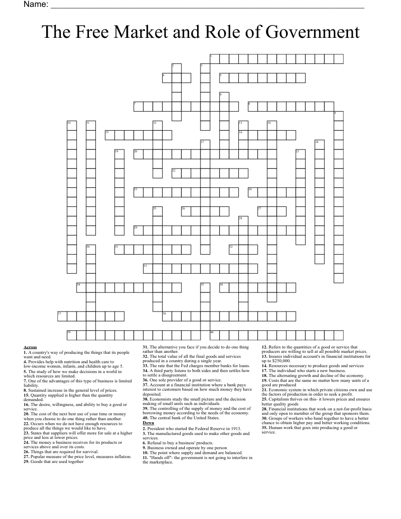 The Free Market and Role of Government Crossword