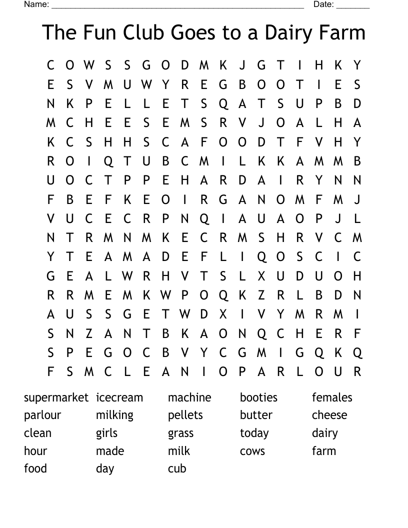The Fun Club Goes to a Dairy Farm Word Search