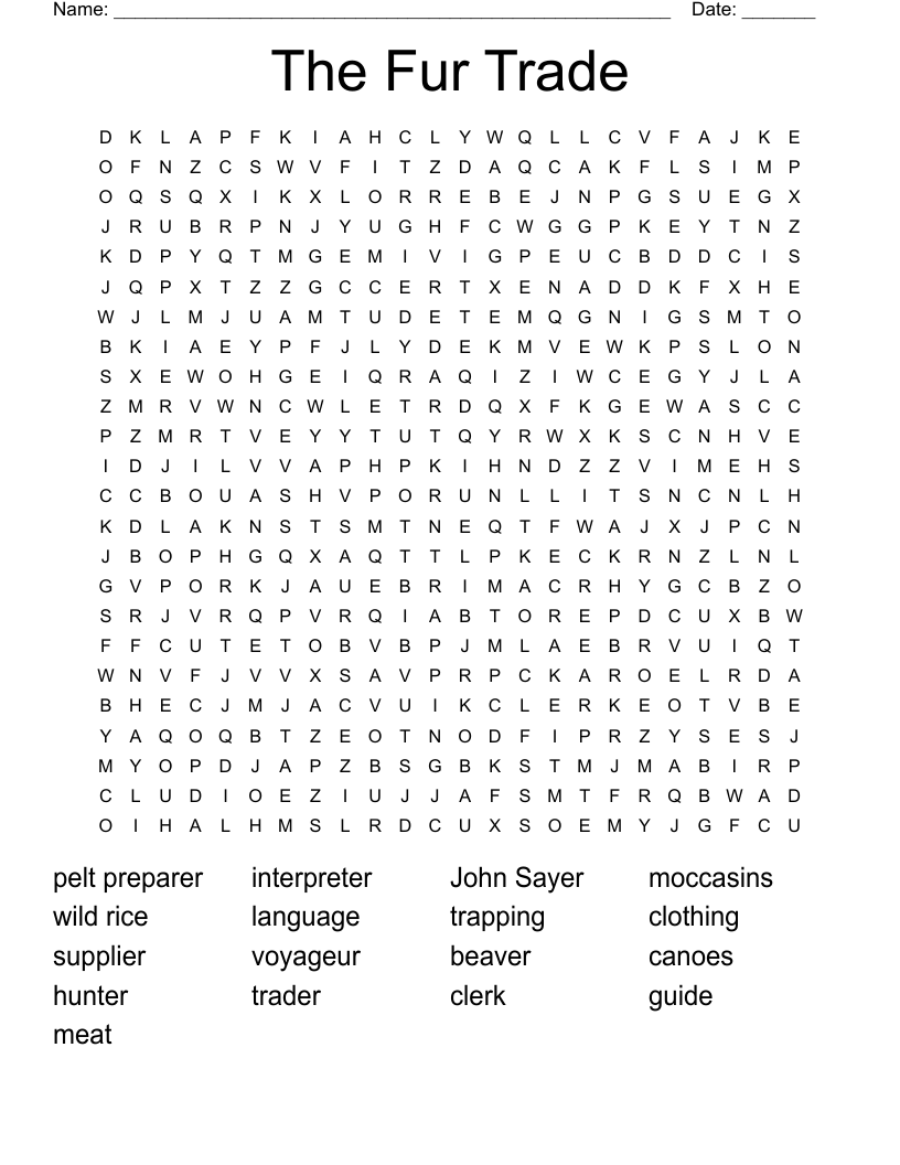 The Fur Trade Word Search