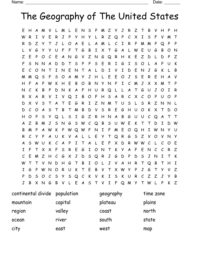 The Geography of The United States Word Search