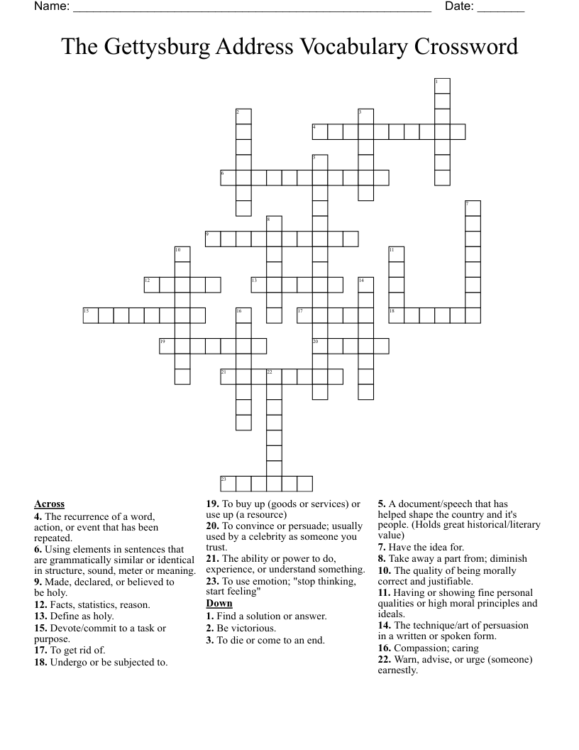 The Gettysburg Address Vocabulary Crossword