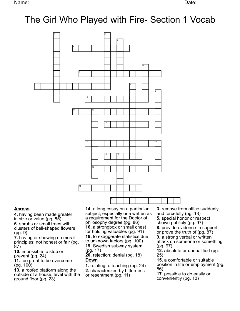 The Girl Who Played with Fire- Section 1 Vocab Crossword