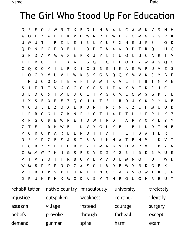 The Girl Who Stood Up For Education Word Search