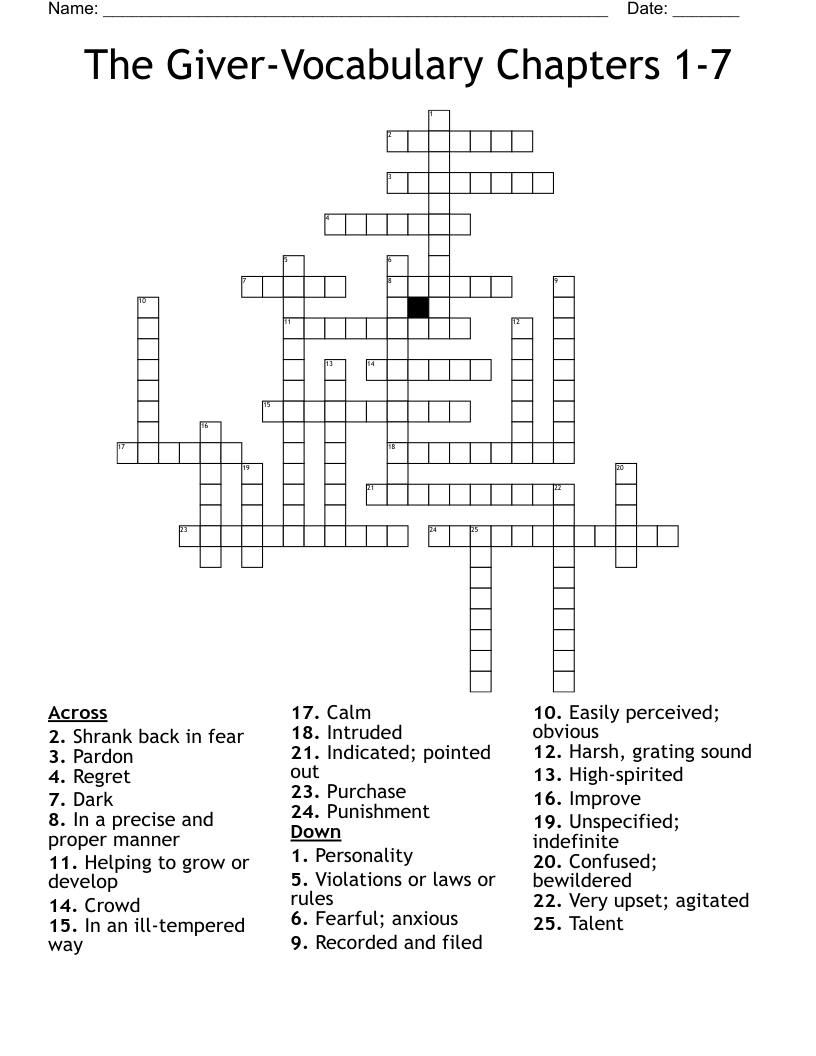 The Giver-Vocabulary Chapters 1-7 Crossword