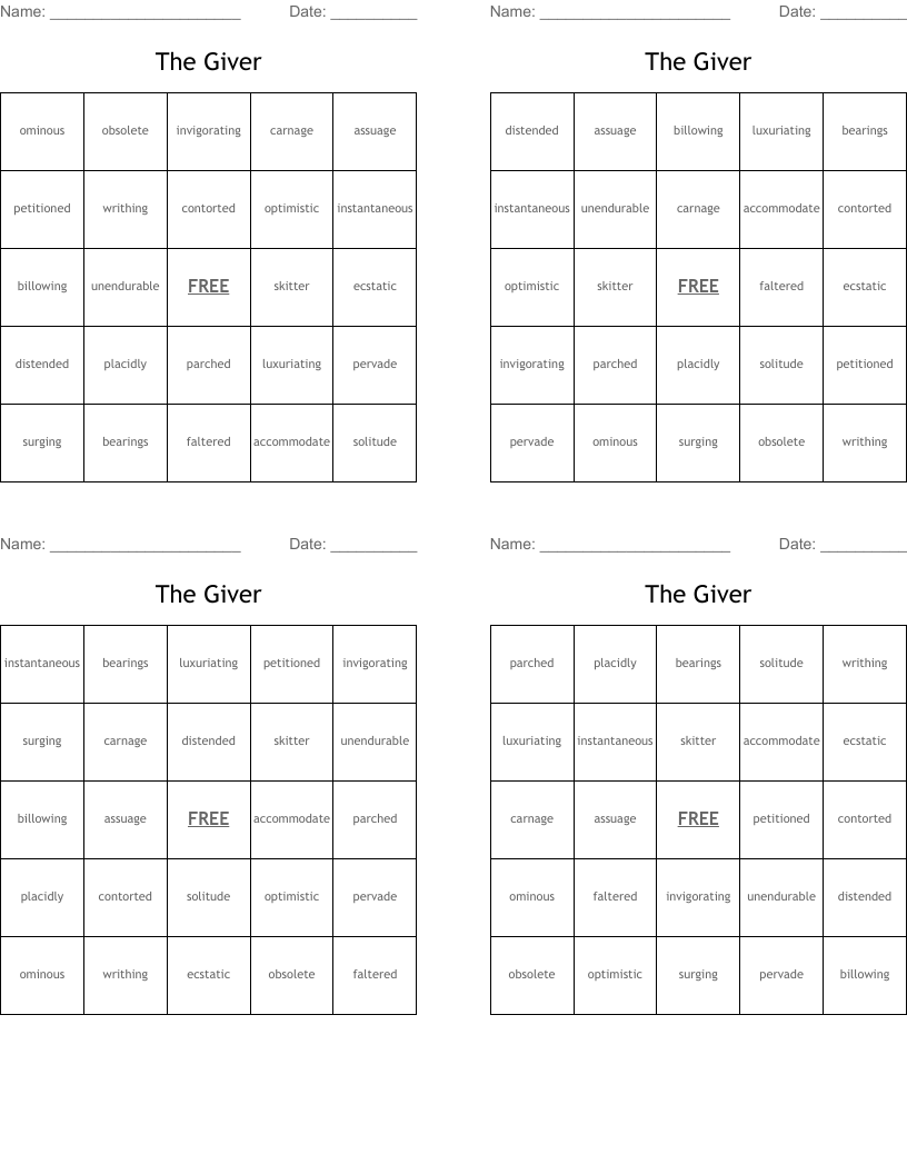 The Giver Bingo Cards