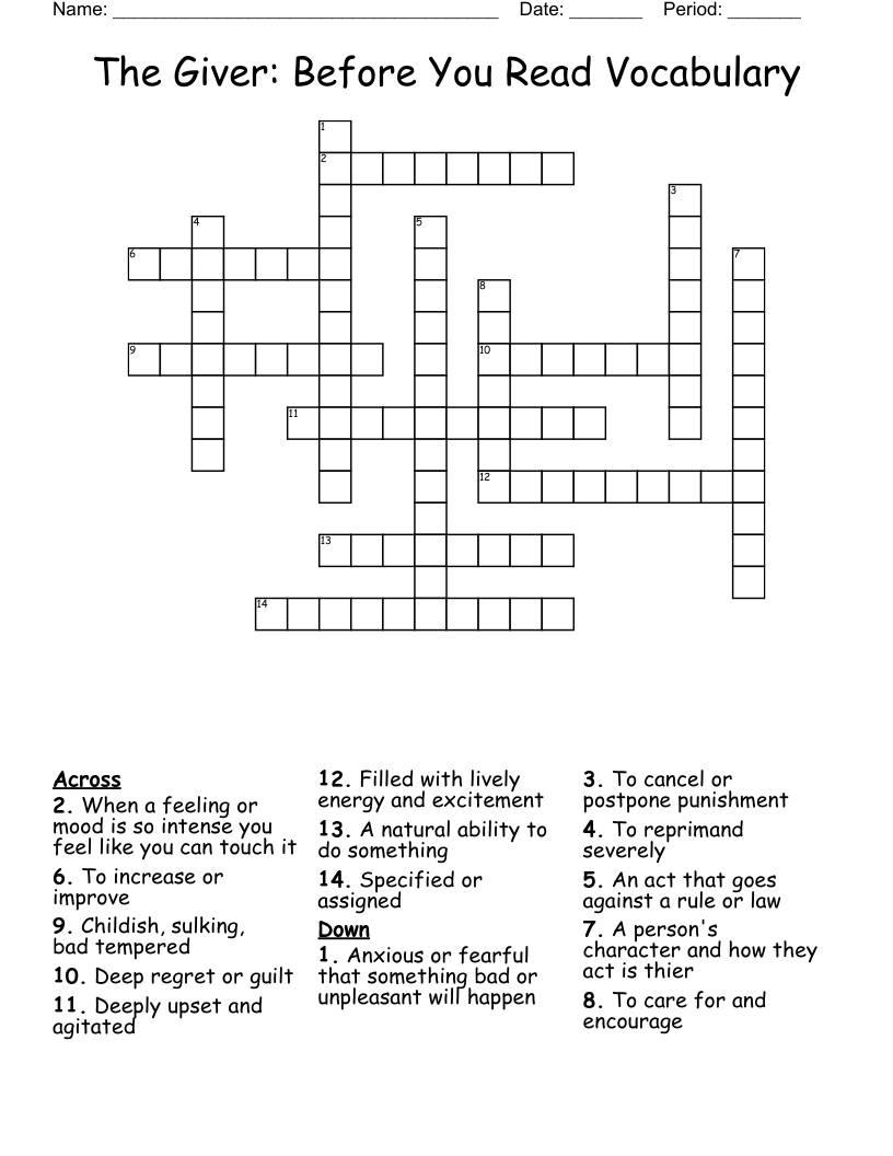 The Giver: Before You Read Vocabulary Crossword