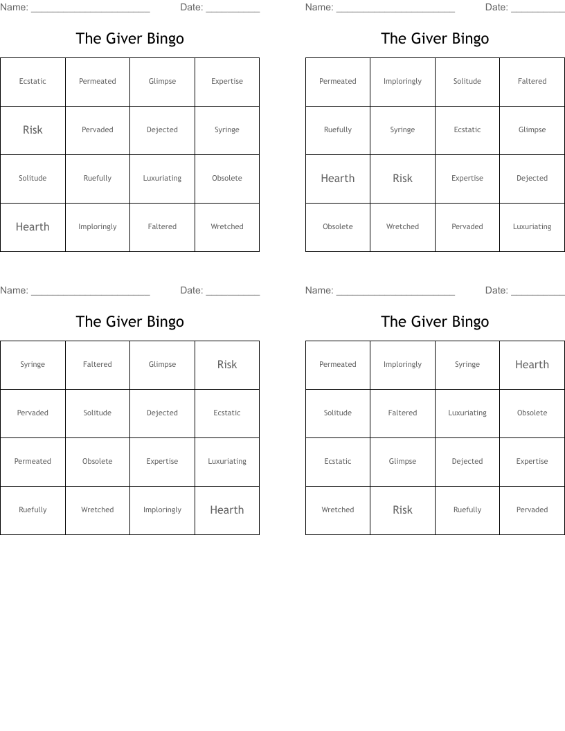 The Giver Bingo