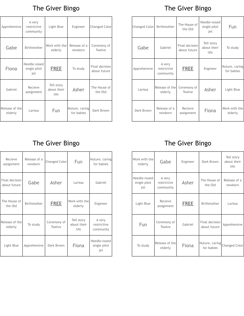 The Giver Bingo