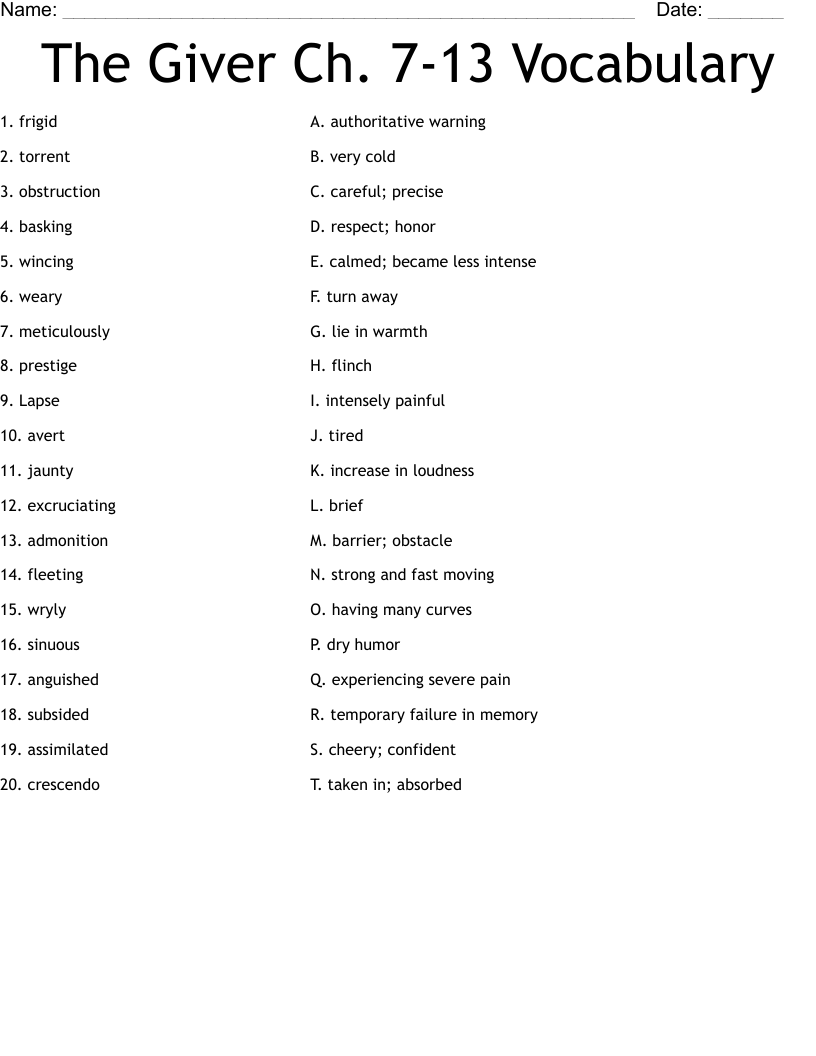 The Giver Ch. 7-13 Vocabulary Worksheet