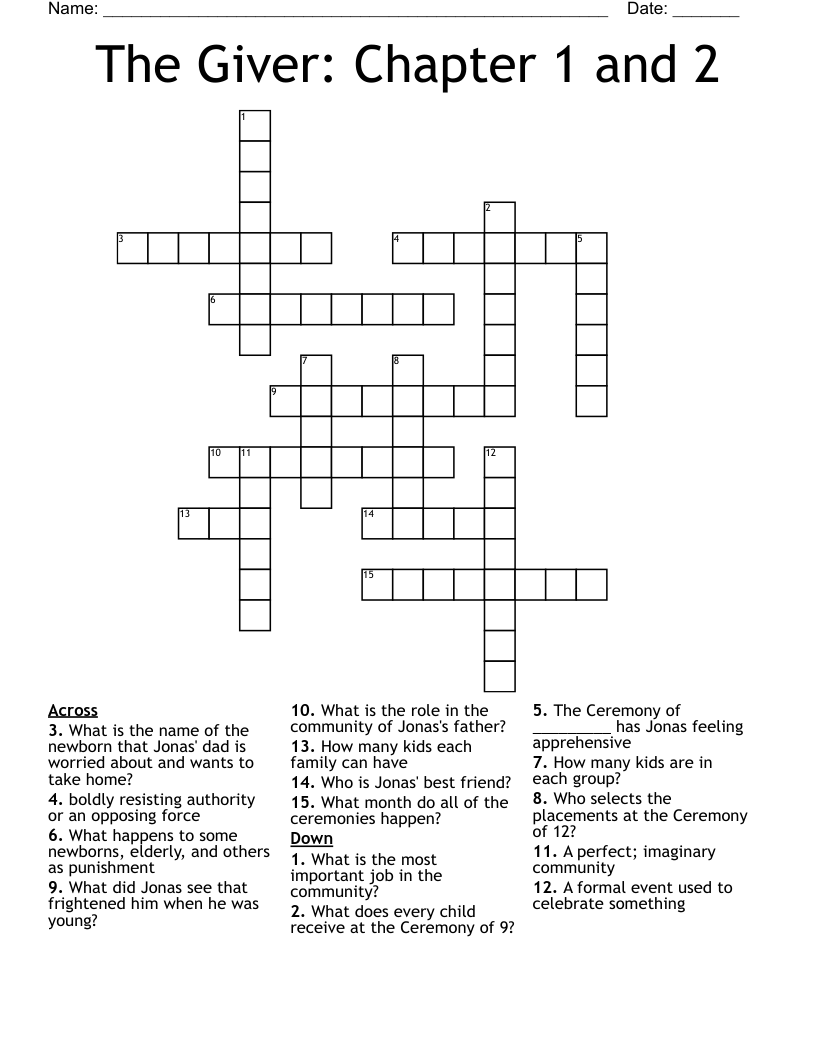 The Giver: Chapter 1 and 2 Crossword