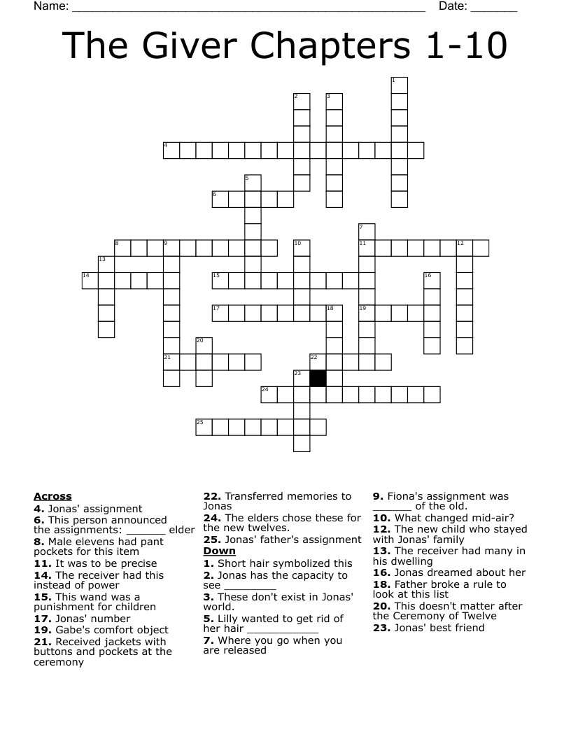 The Giver Chapters 1-10 Crossword