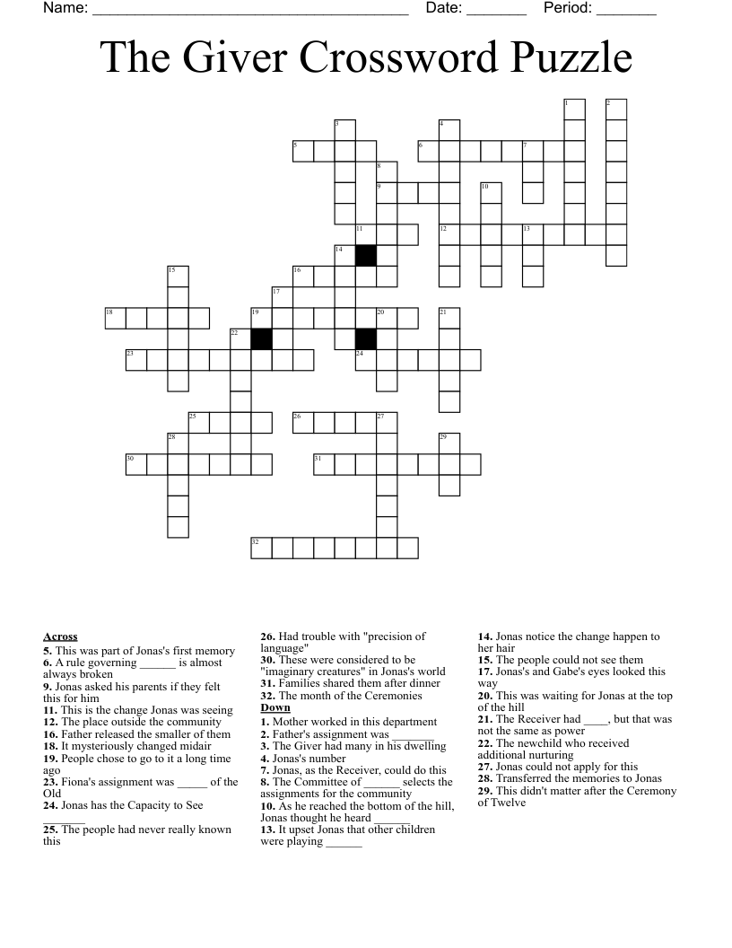 The Giver Crossword Puzzle
