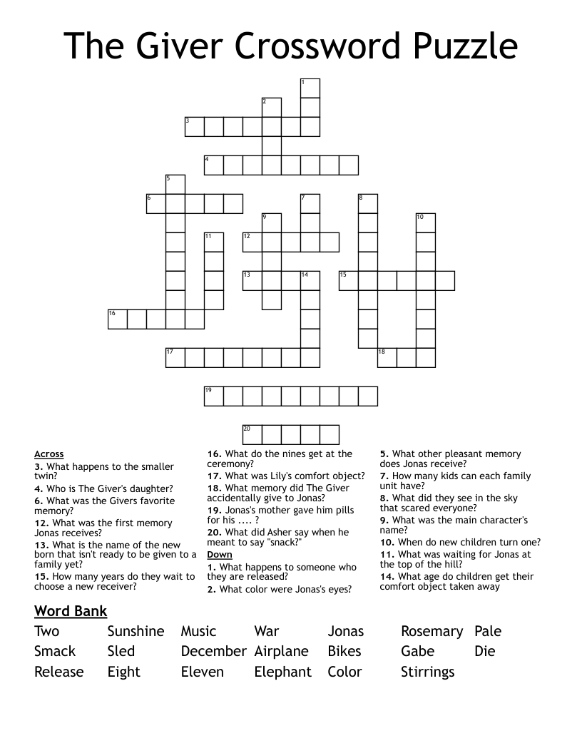 The Giver Crossword Puzzle