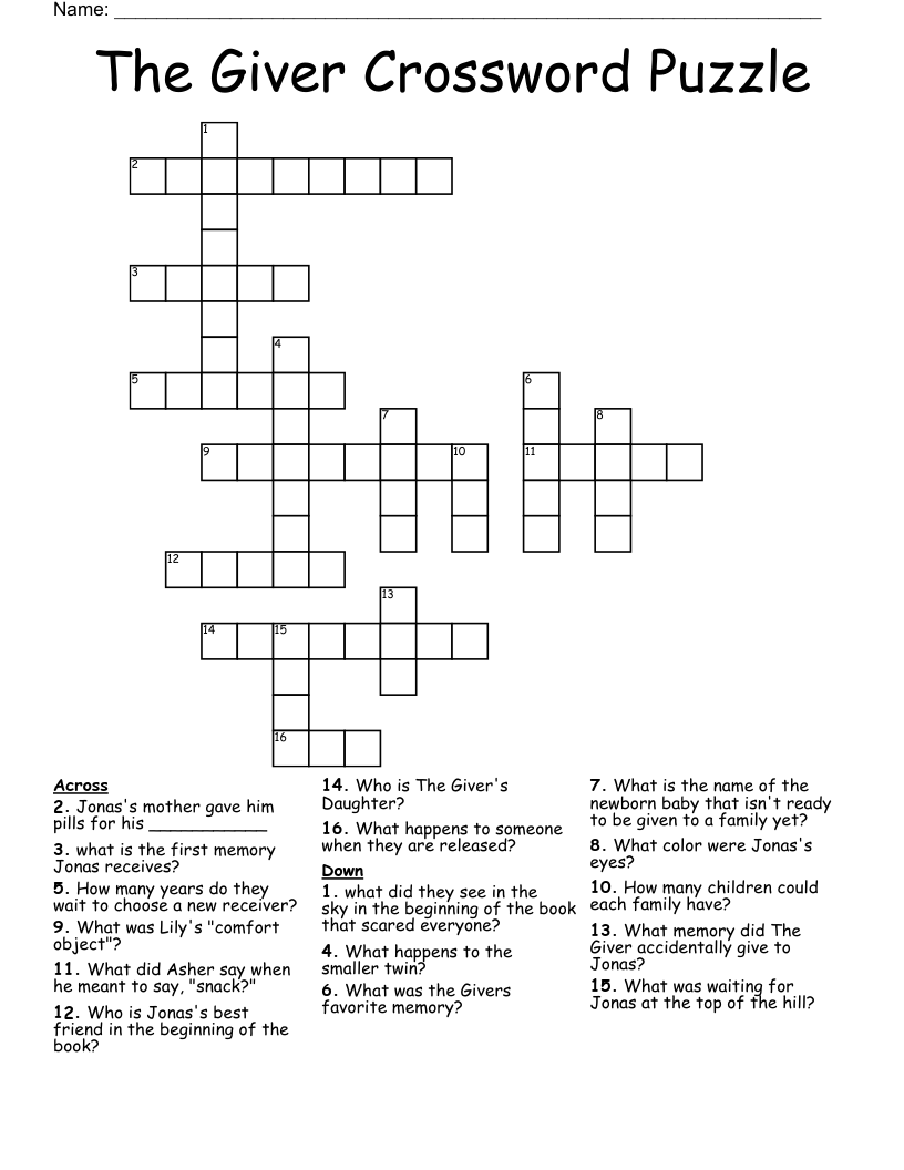 The Giver Crossword Puzzle