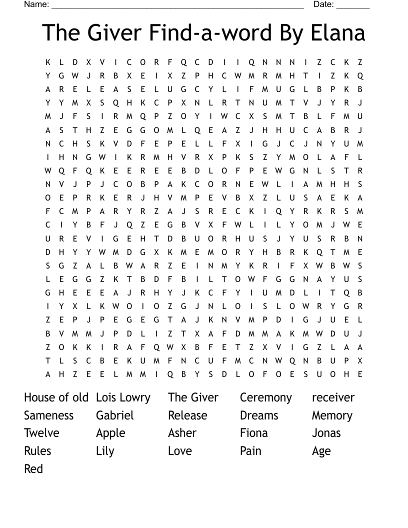 The Giver Find-a-word By Elana Word Search