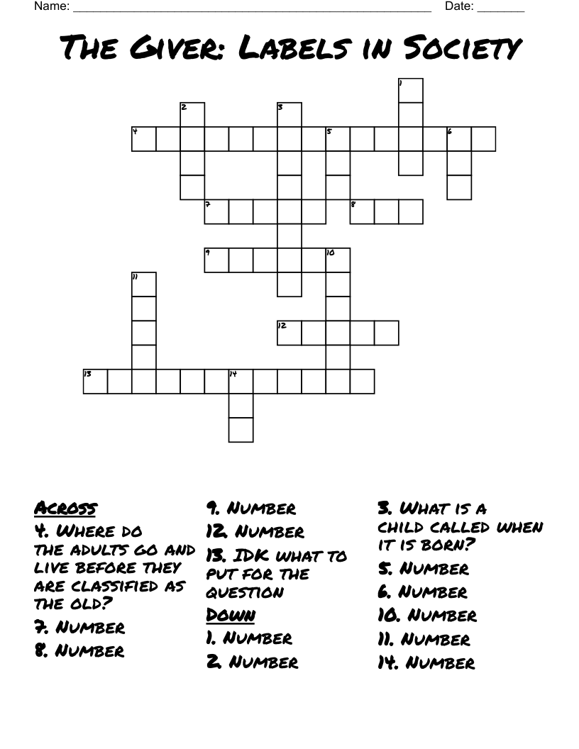 The Giver: Labels in Society Crossword
