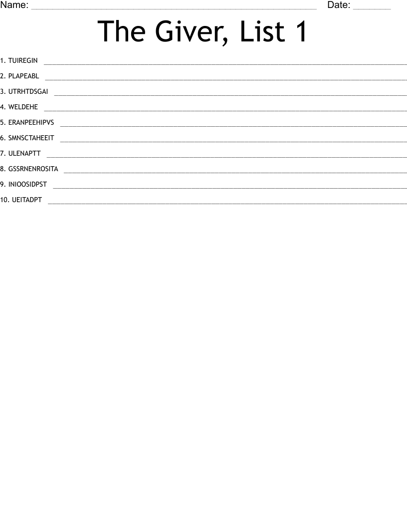The Giver, List 1 Word Scramble