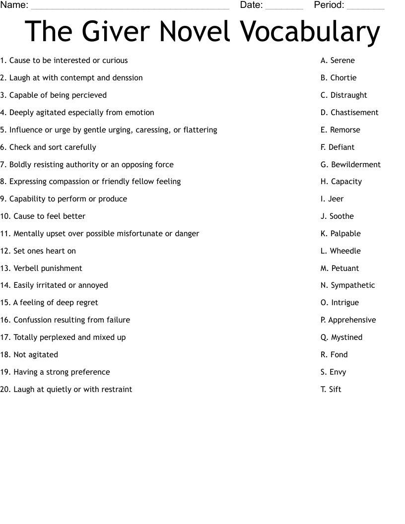 The Giver Novel Vocabulary  Worksheet