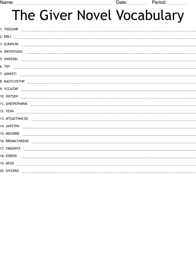 The Giver Novel Vocabulary  Word Scramble