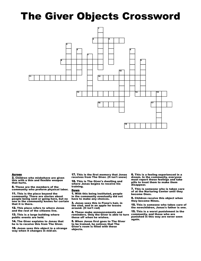 The Giver Objects Crossword