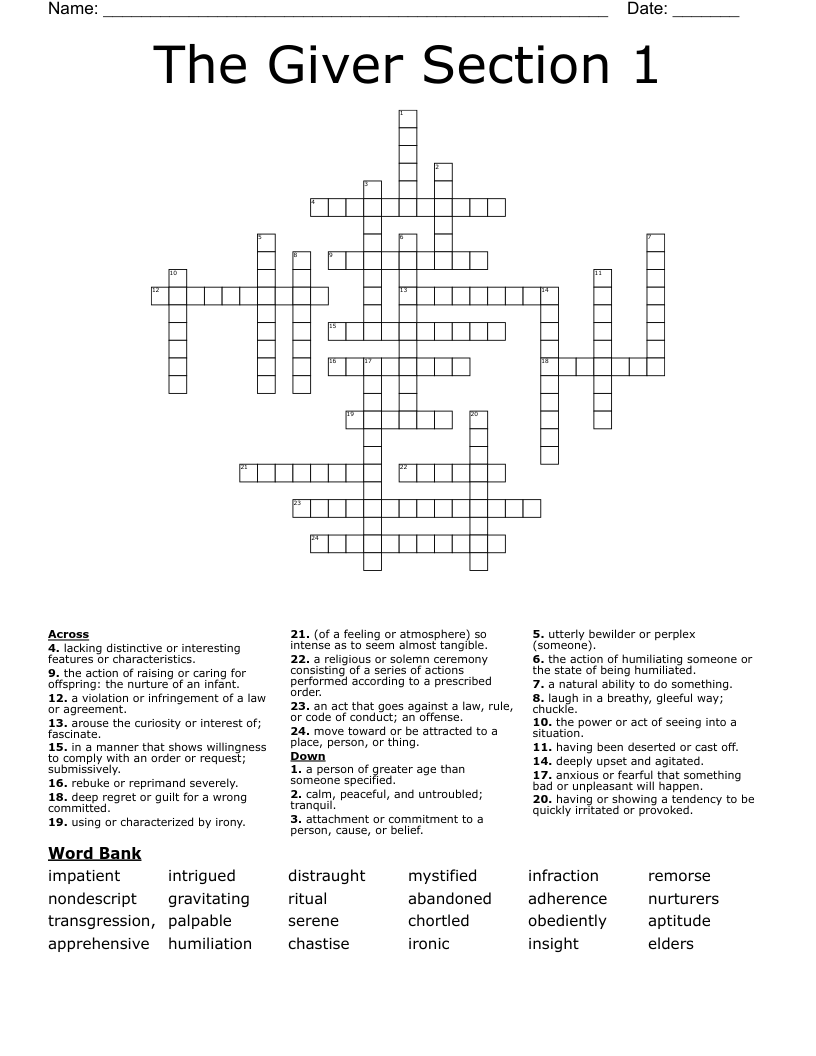 The Giver Section 1 Crossword
