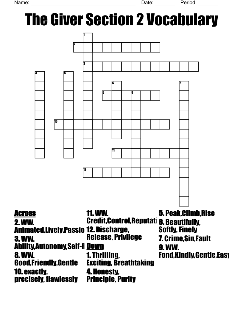 The Giver Section 2 Vocabulary Crossword