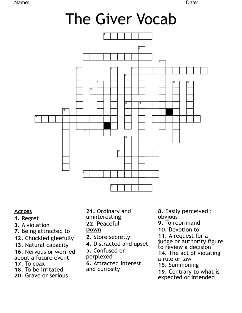The Giver Vocab Crossword