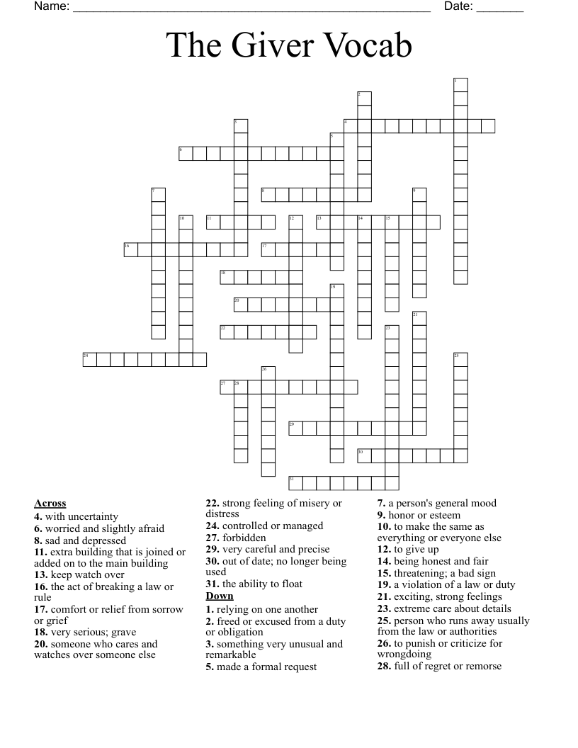 The Giver Vocab Crossword