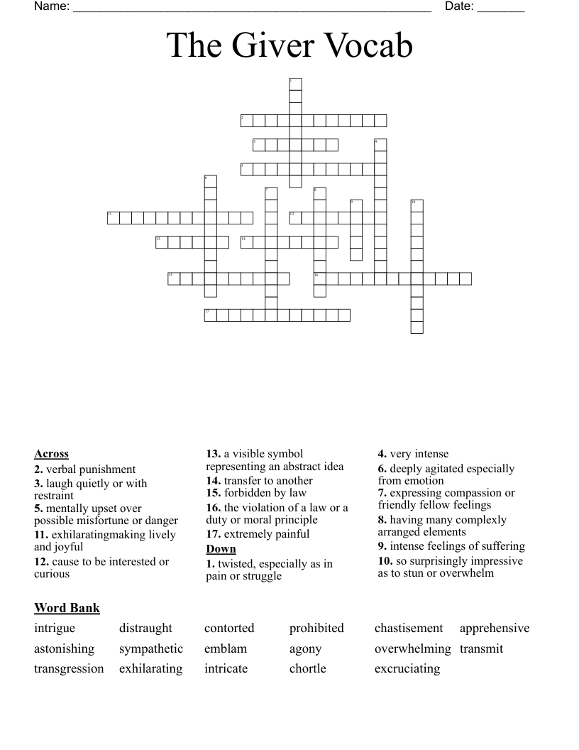 The Giver Vocab Crossword