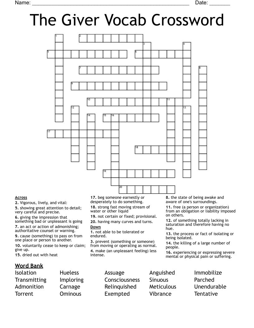The Giver Vocab Crossword