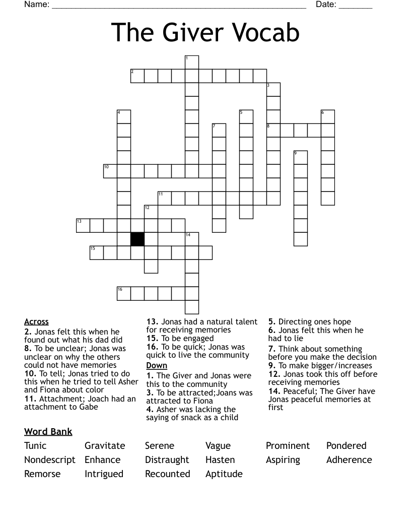 The Giver Vocab  Crossword